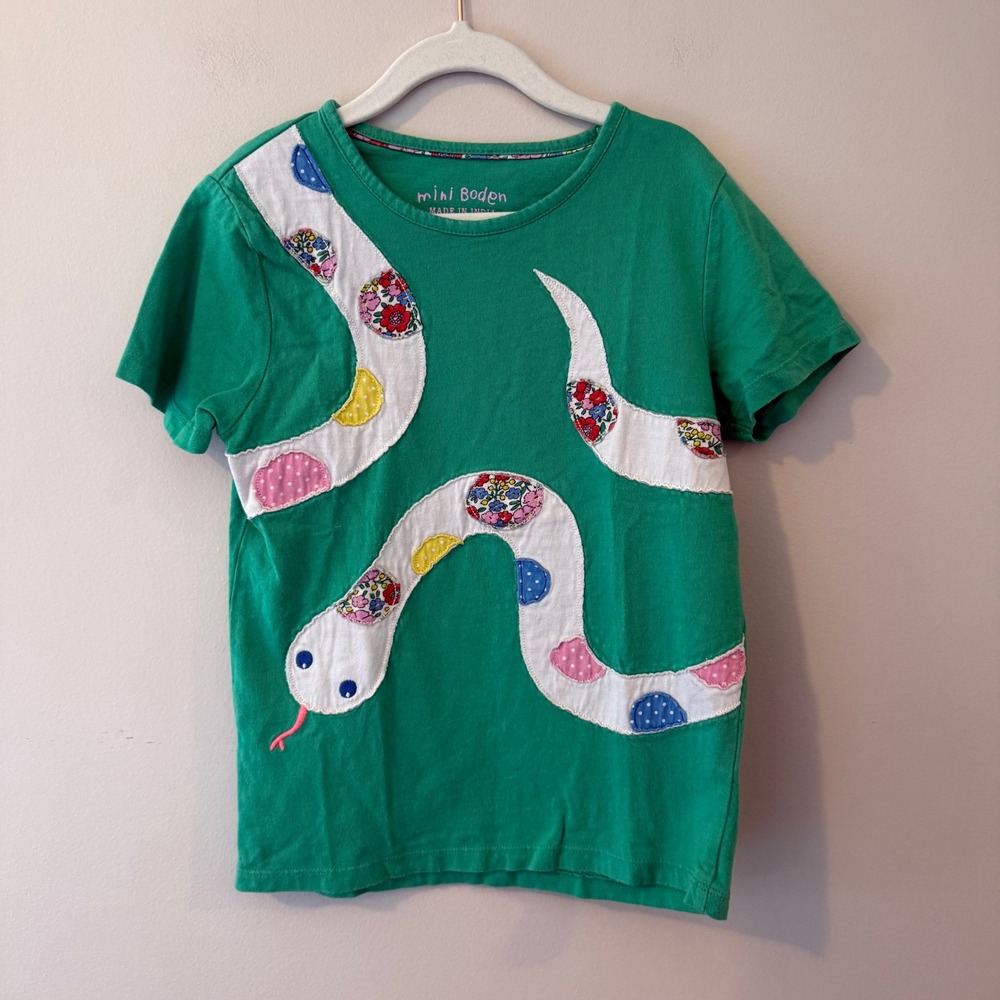 Mini Boden Girls Green Snake Applique Cotton Short Sleeve T-Shirt Size 7-8Y